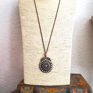 Starburst + seed pearl long pendant necklace